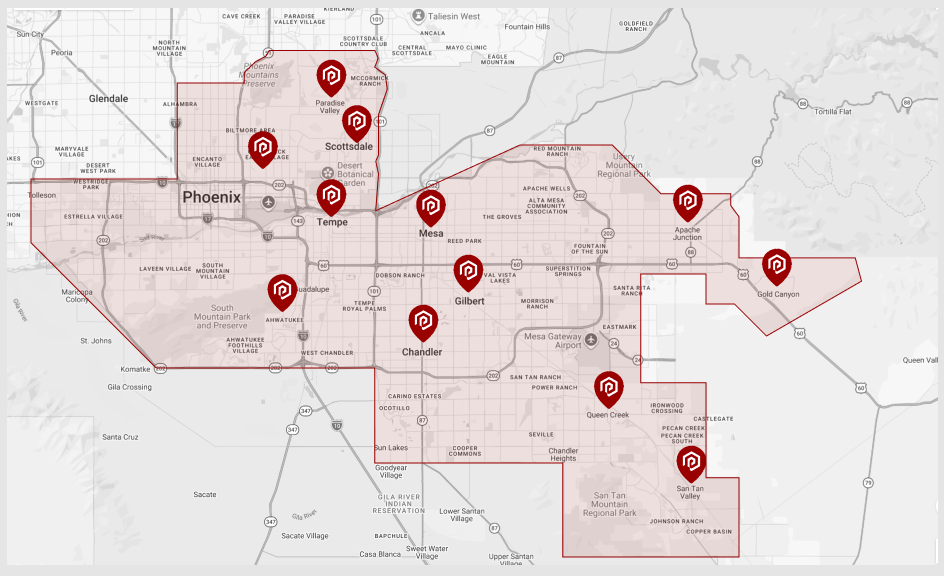 Map showing the Paragon Service Pros service area.